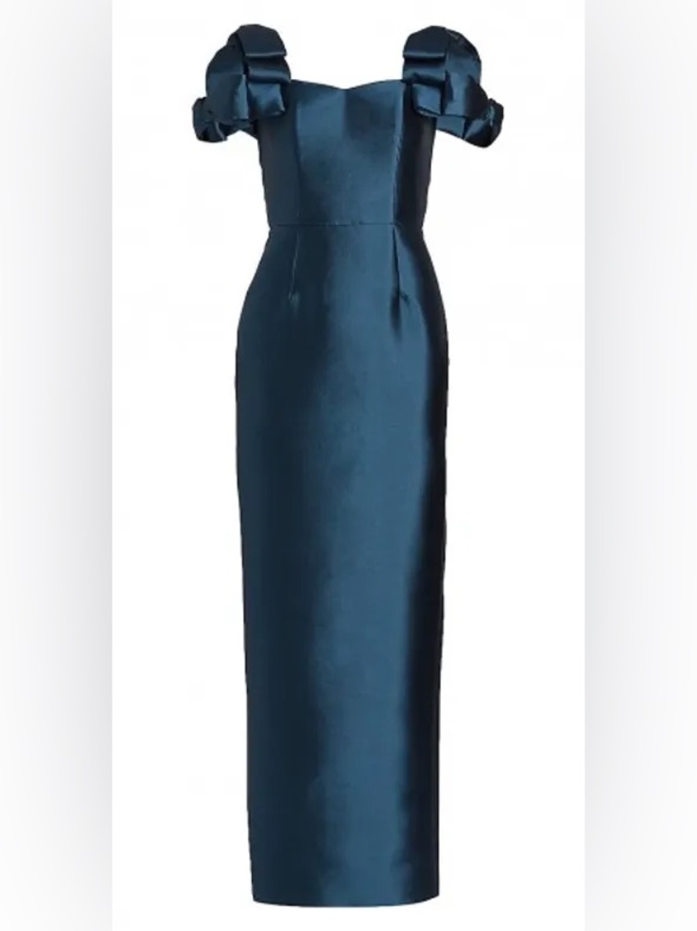 Elegant Teal Satin Column Wedding Dress with Structured Puff Sleeves